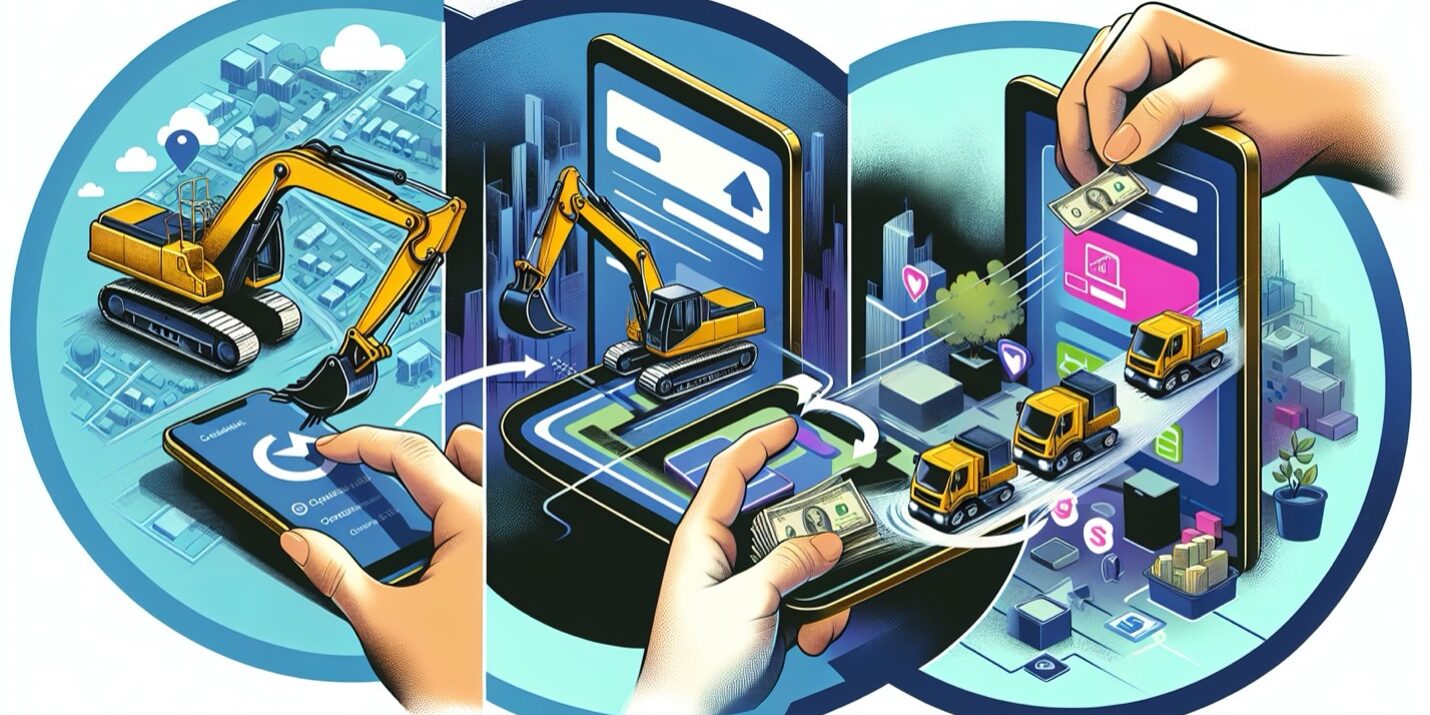 digital_excavator_rental_process Online einen Bagger mieten ist ganz einfach: Einfach den gewünschten Bagger finden und anfragen. Sobald die Anmietung bestätigt und bezahlt ist, wird er direkt zu seinem Einsatzort geliefert
