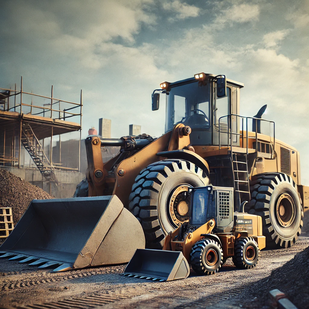 DALL·E 2025-03-12 09.08.54 - A large wheeled loader parked next to a smaller wheeled loader on an active construction site. The big loader has a massive bucket and rugged tires, w construction site loader