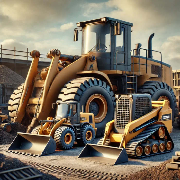 DALL·E 2025-03-12 09.09.28 – A large wheeled loader, a smaller wheeled loader, and a tracked loader parked together on an active construction site. The big wheeled loader has a ma construction site loader