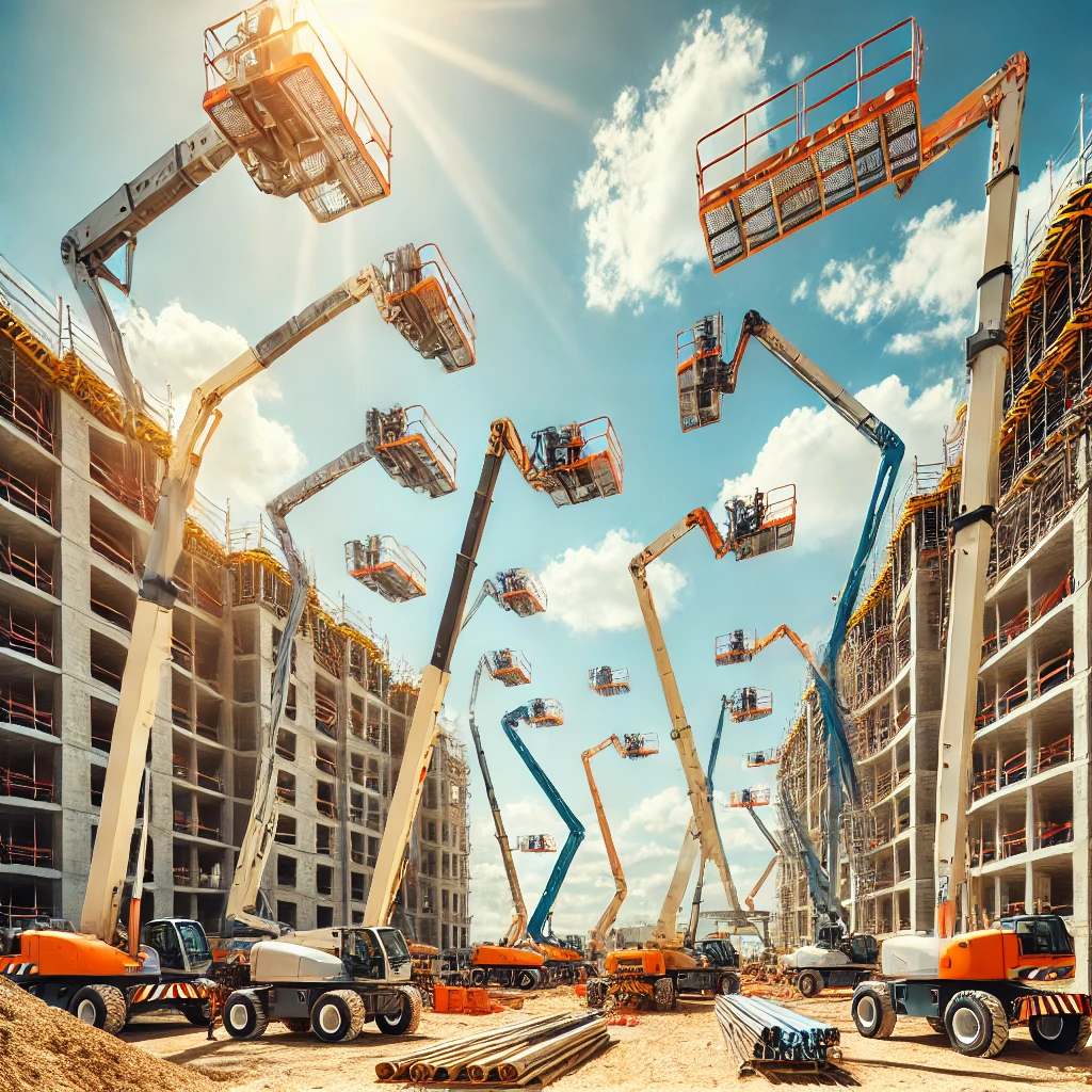 DALL·E 2025-03-12 10.07.18 - Multiple aerial work platforms (boom lifts) parked next to each other on a bright and active construction site. The boom lifts have extended arms reac arbeitsbühnen