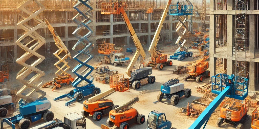 DALL·E 2025-03-12 10.09.22 – Multiple aerial work platforms (boom lifts) parked next to each other on a bright and active construction site. The scene includes different types of aerial work platforms
