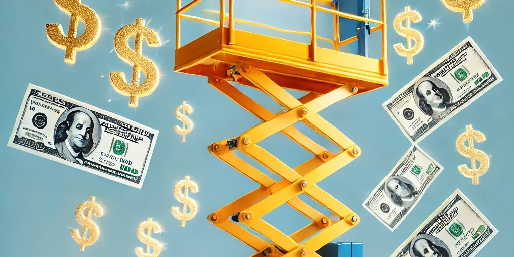 DALL·E 2025-03-12 15.04.43 – A yellow scissor lift, fully extended, with shining dollar signs floating around it. Some money bills are also scattered near the base of the lift. Th aerial work platform