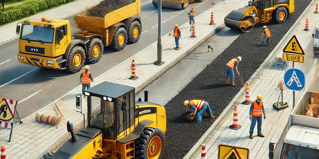DALL·E 2025-03-13 08.43.18 – A realistic street construction site with multiple construction machines, including an excavator, road roller, grader, and a road paving machine. Work macchine costruzioni stradali