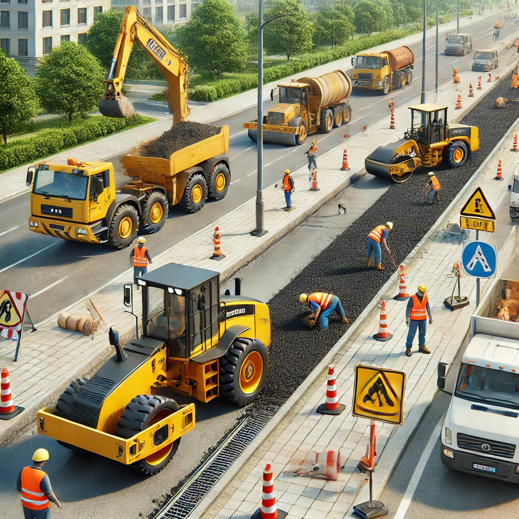 DALL·E 2025-03-13 08.43.18 – A realistic street construction site with multiple construction machines, including an excavator, road roller, grader, and a road paving machine. Work maschinen straßenbau