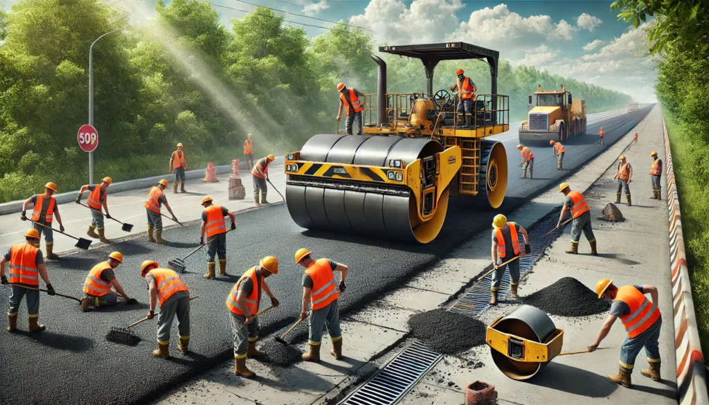 DALL·E 2025-03-13 08.53.27 - A highly realistic road construction scene with workers wearing orange safety vests and hard hats. The image features a large asphalt paving machine l machines for road construction