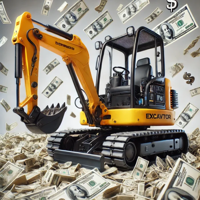 DALL·E 2025-03-13 11.42.20 – A highly photorealistic image of a compact yellow mini excavator with a black hydraulic arm and a digging bucket, surrounded by floating dollar signs minibagger mieten