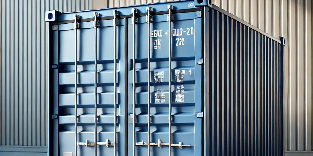 DALL·E 2025-03-13 12.39.20 – A highly photorealistic image of a blue shipping container with corrugated steel walls, standing on a concrete surface. The container has a white logo containers