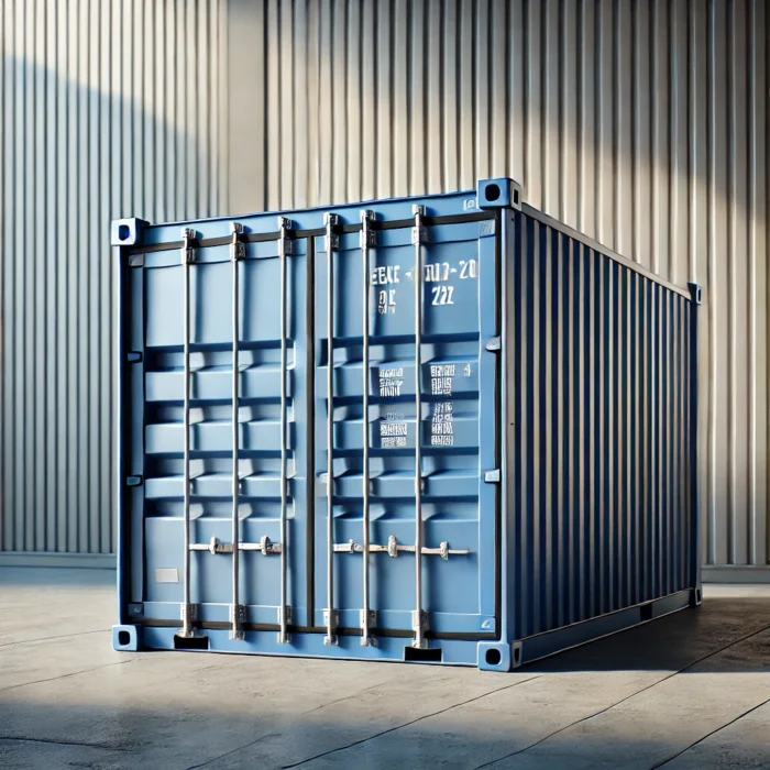 DALL·E 2025-03-13 12.39.20 – A highly photorealistic image of a blue shipping container with corrugated steel walls, standing on a concrete surface. The container has a white logo container mieten