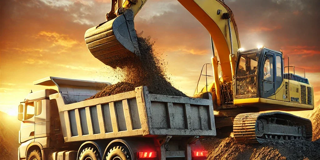 DALL·E 2025-03-13 15.28.15 – A highly photorealistic image of a yellow excavator loading dirt into a white dump truck at a construction site during sunset. The excavator’s hydraul wie man richtigen bagger auswählt