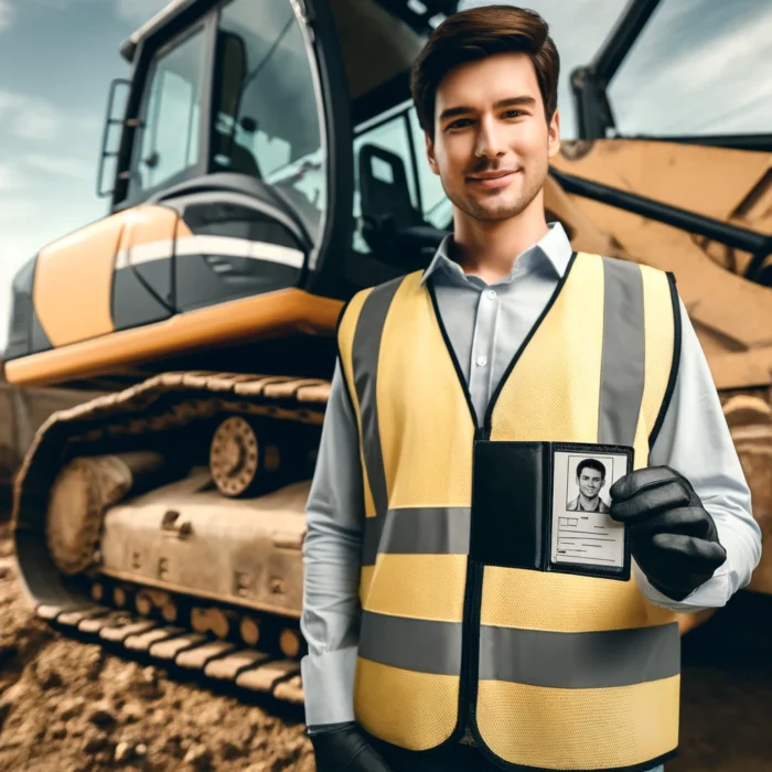 DALL·E 2025-03-17 09.00.47 – A person standing confidently in front of a large construction machine, such as an excavator or bulldozer, holding up their driving license. The perso license