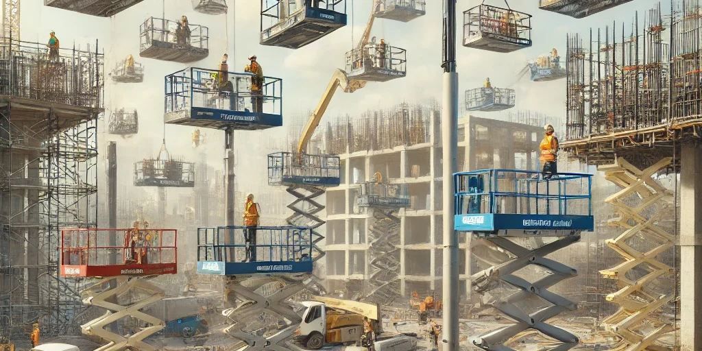 DALL·E 2025-03-17 10.26.44 – A construction site featuring multiple types of lifting baskets used for aerial work. The scene includes different lifting baskets such as scissor lif aufzugskorb