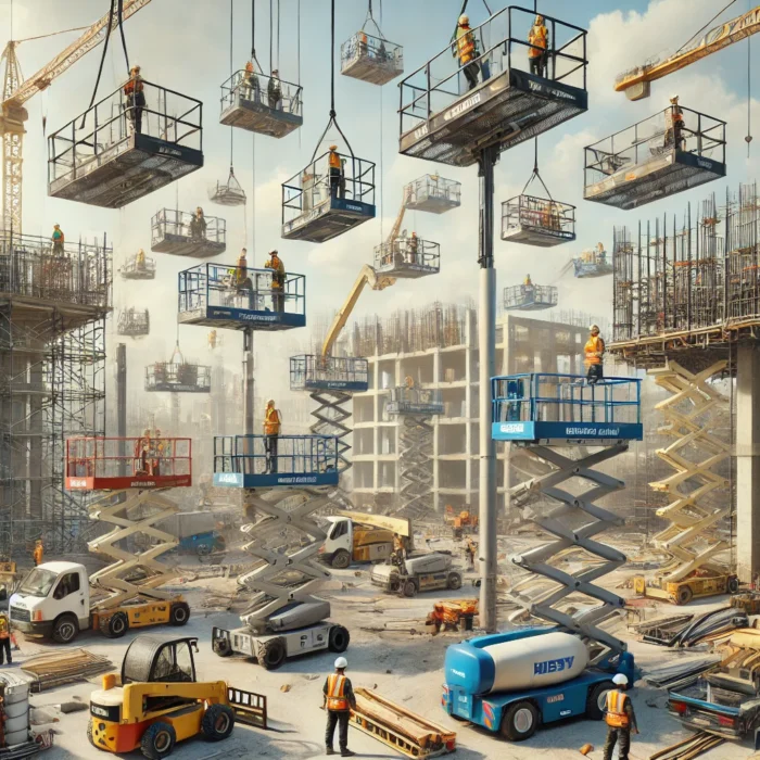DALL·E 2025-03-17 10.26.44 – A construction site featuring multiple types of lifting baskets used for aerial work. The scene includes different lifting baskets such as scissor lif aufzugskorb