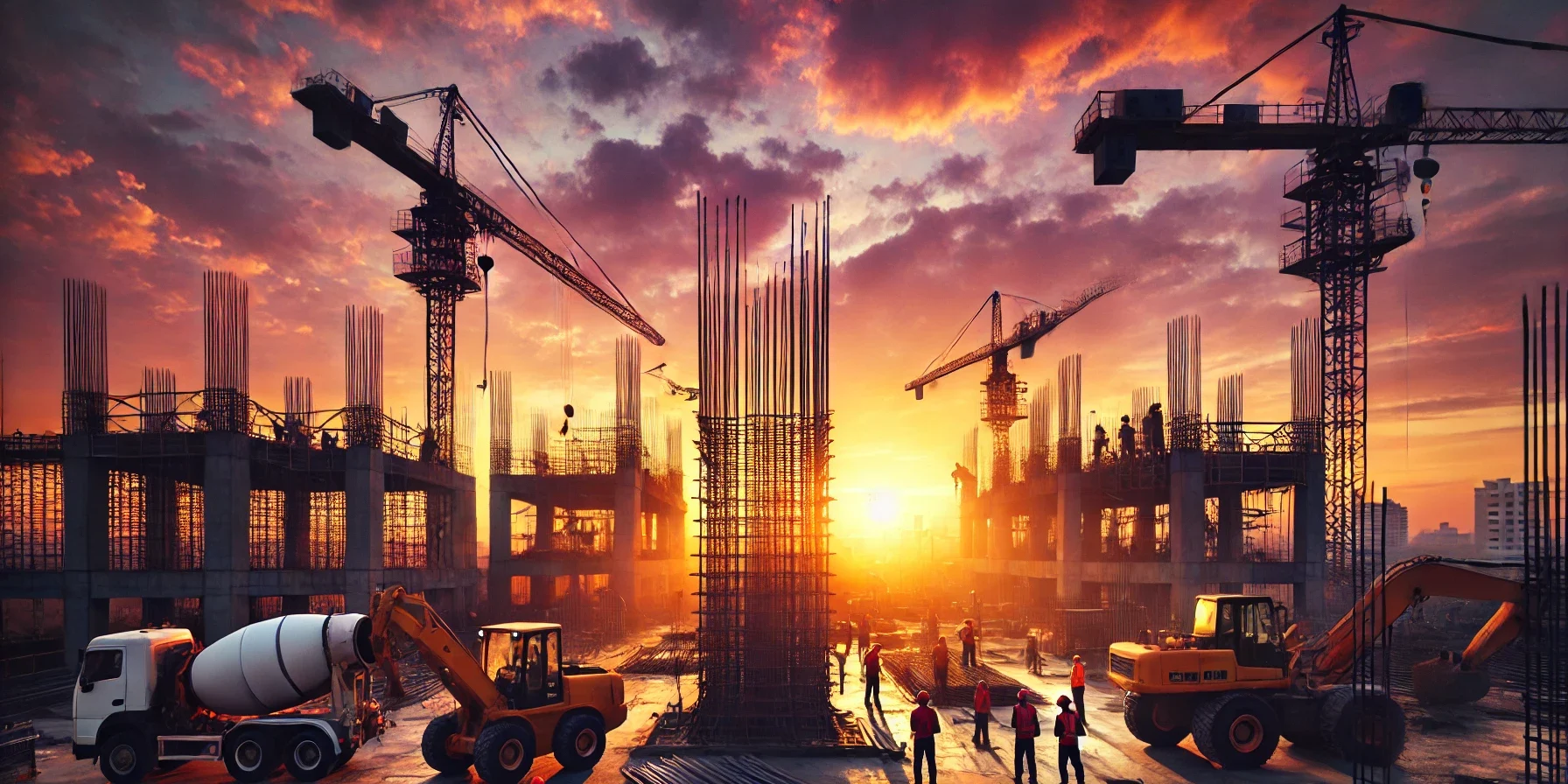 DALL·E 2025-03-17 12.33.48 – A construction site set against a beautiful sunset. The sky is filled with warm hues of orange, pink, and purple, casting a golden glow over the scene cantiere adempimenti