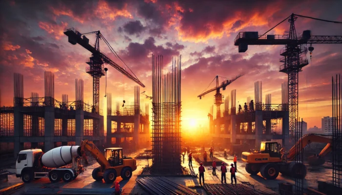 DALL·E 2025-03-17 12.33.48 – A construction site set against a beautiful sunset. The sky is filled with warm hues of orange, pink, and purple, casting a golden glow over the scene baustelle pflichten