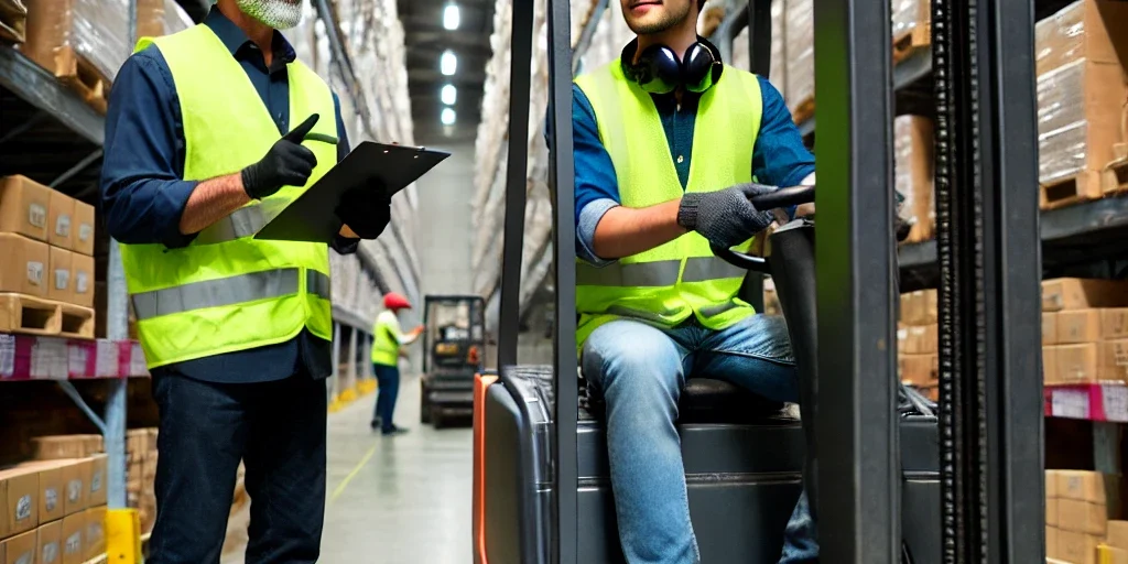 DALL·E 2025-03-17 15.42.40 – A warehouse worker learning to drive a forklift inside a large industrial warehouse. The worker, wearing a high-visibility vest, safety helmet, and gl how to drive a forklift