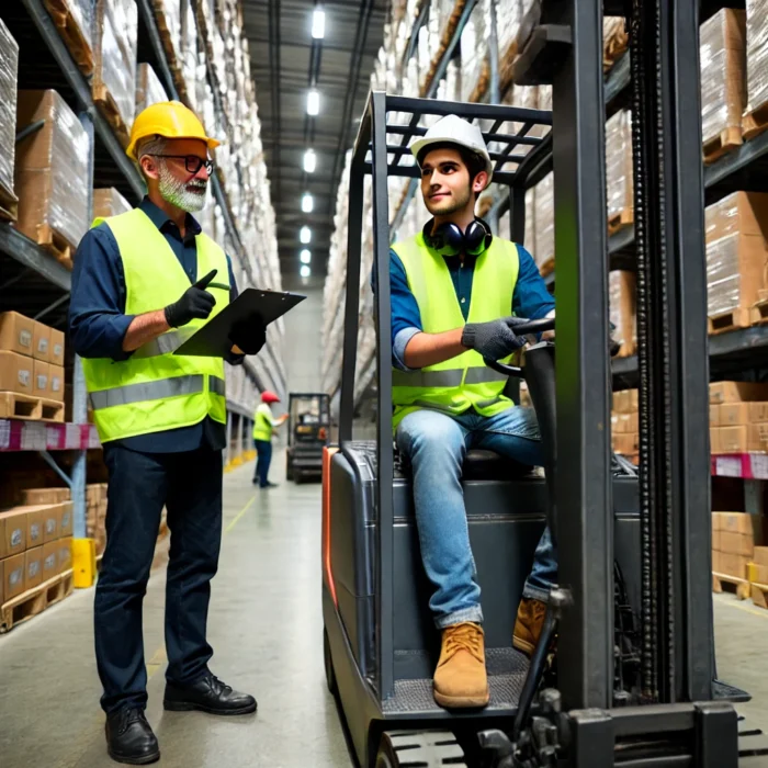 DALL·E 2025-03-17 15.42.40 – A warehouse worker learning to drive a forklift inside a large industrial warehouse. The worker, wearing a high-visibility vest, safety helmet, and gl wie man einen gabelstapler fährt