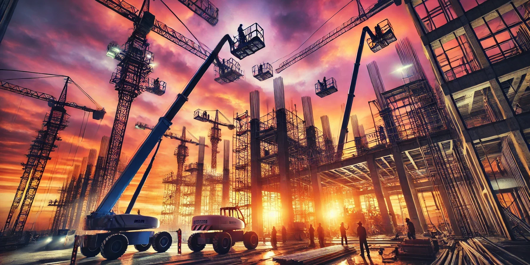 DALL·E 2025-03-18 10.06.32 – A stunning construction site at sunset with multiple boom lifts in action. The sky is painted with vibrant orange, pink, and purple hues, casting a wa aerial work platforms