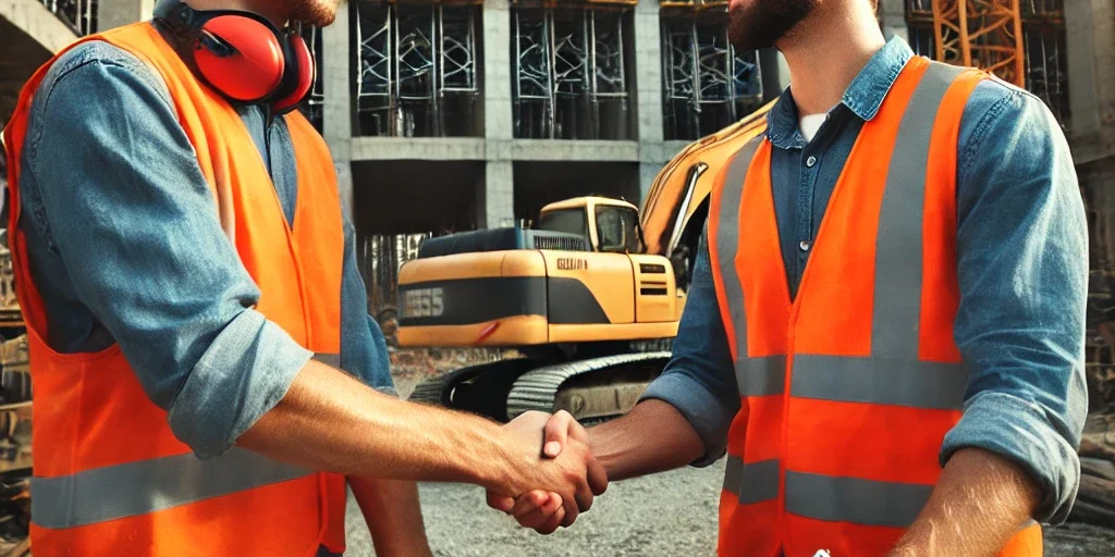 DALL·E 2025-03-18 16.13.20 – Two construction workers shaking hands and signing a contract at a construction site. They are wearing safety helmets and vests. In the background, la operated equipment rental