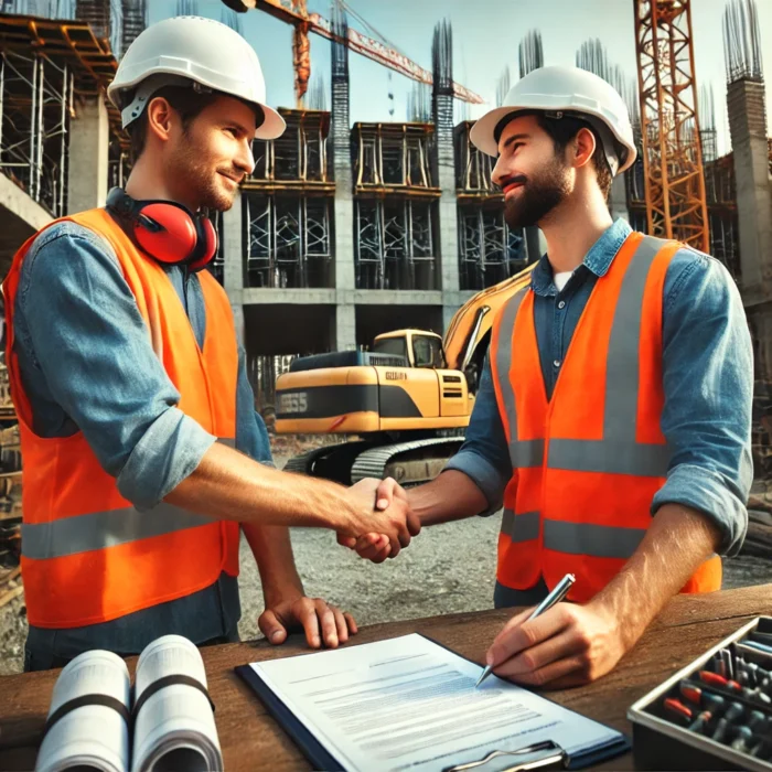 DALL·E 2025-03-18 16.13.20 – Two construction workers shaking hands and signing a contract at a construction site. They are wearing safety helmets and vests. In the background, la operated equipment rental