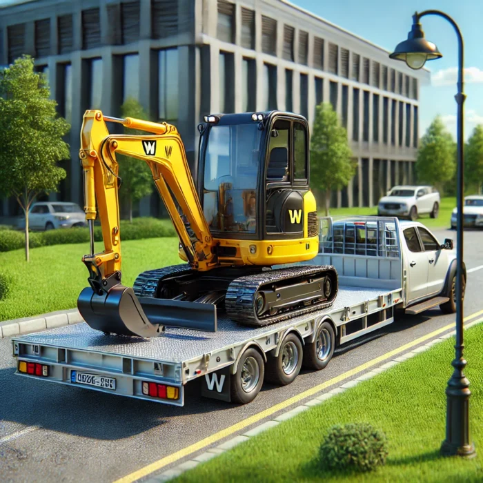 DALL·E 2025-03-19 08.43.10 – A realistic image of a yellow mini excavator loaded onto a silver flatbed trailer. The excavator has a black cabin with glass windows and a visible ‚W minibagger transportieren