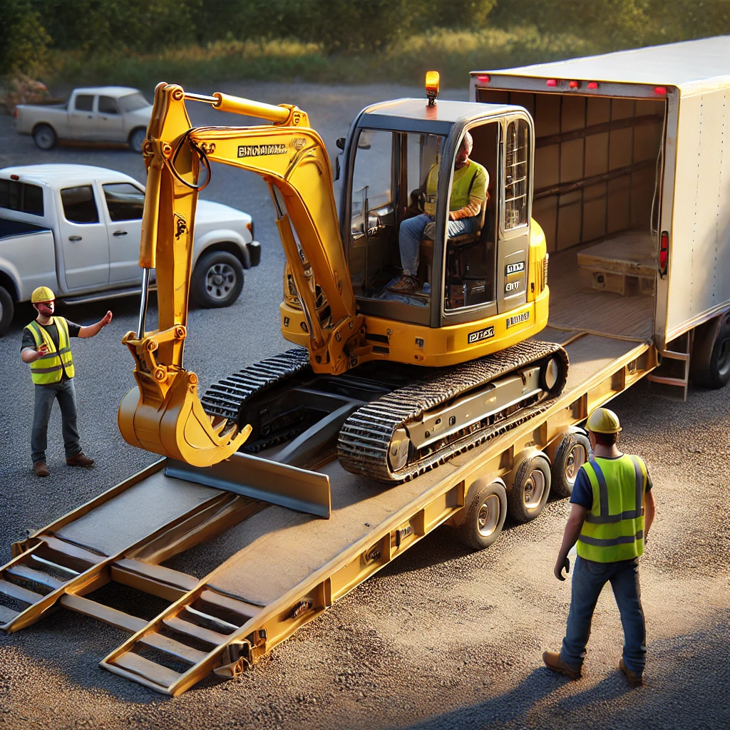 DALL·E 2025-03-19 08.46.12 - A highly realistic image of a yellow mini excavator being carefully loaded onto a small flatbed trailer using metal ramps. The excavator operator insi minibagger transportieren