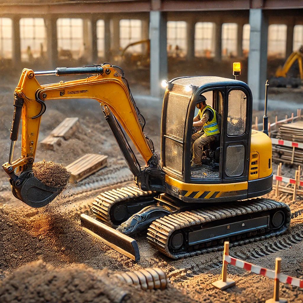 DALL·E 2025-03-19 09.55.41 - A detailed mini excavator on a construction site, actively being driven by a worker. The excavator is yellow with black tracks, and its arm is extende wie man einen minibagger fährt