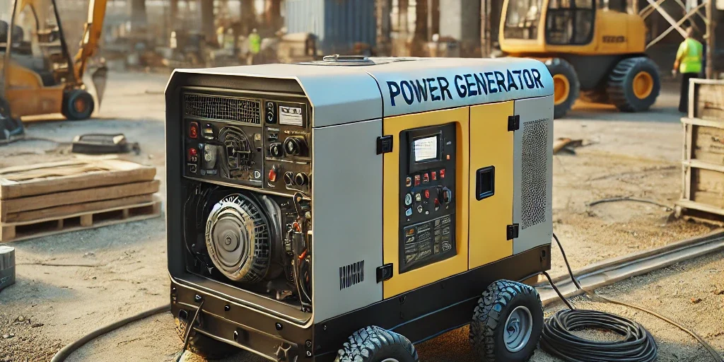 DALL·E 2025-03-21 12.16.45 – A small power generator at a construction site during daytime. The generator is compact and portable, painted in industrial yellow and gray colors. It stromgenerator