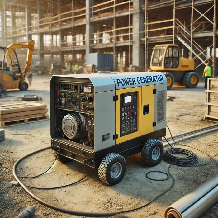 DALL·E 2025-03-21 12.16.45 – A small power generator at a construction site during daytime. The generator is compact and portable, painted in industrial yellow and gray colors. It stromgenerator