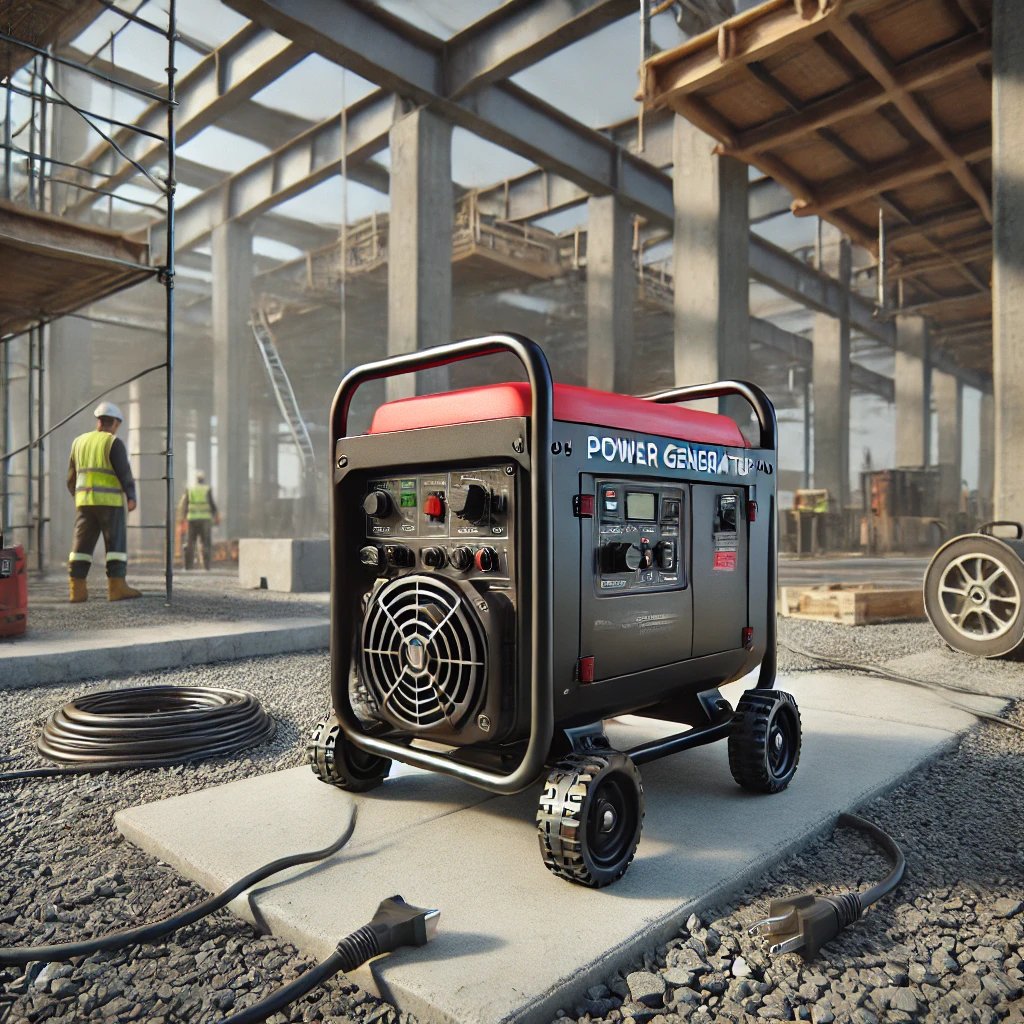 DALL·E 2025-03-21 12.17.44 - Another small power generator at a construction site during daytime. This generator is compact, mounted on a small frame with handles for easy transpo stromgenerator