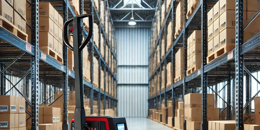 DALL·E 2025-03-24 10.05.29 – An electric transpallet (electric pallet jack) in a modern warehouse. The warehouse has tall metal racks filled with various cardboard boxes and goods elevatore a timone