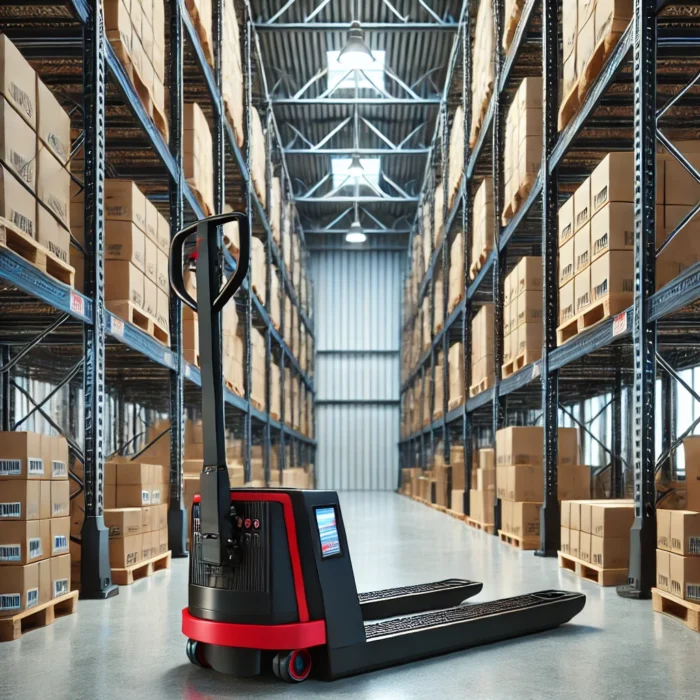 DALL·E 2025-03-24 10.05.29 – An electric transpallet (electric pallet jack) in a modern warehouse. The warehouse has tall metal racks filled with various cardboard boxes and goods elevatore a timone
