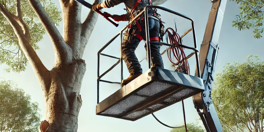 DALL·E 2025-03-25 11.52.40 – A realistic image of a person on a boom lift pruning a large tree. The person is wearing safety gear including a helmet and harness. The boom lift is arbeitsbühnen für das schneiden von bäumen
