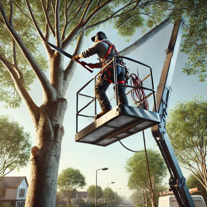 DALL·E 2025-03-25 11.52.40 – A realistic image of a person on a boom lift pruning a large tree. The person is wearing safety gear including a helmet and harness. The boom lift is arbeitsbühnen für das schneiden von bäumen