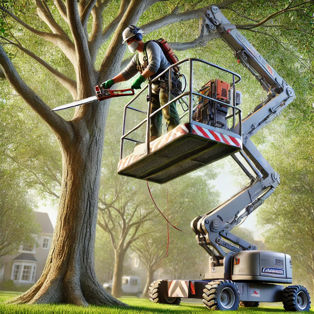 DALL·E 2025-03-25 11.55.12 - A realistic image of a person on a different kind of boom lift (articulating boom lift) pruning a large tree. The person is wearing safety gear includ arbeitsbühnen für das schneiden von bäumen