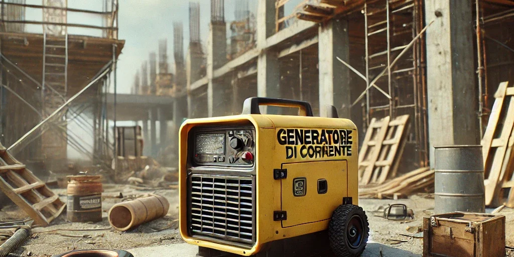 DALL·E 2025-03-25 14.33.07 – A realistic image of a small ‚generatore di corrente‘ (portable power generator) at a construction site. The generator is compact, painted yellow, and stromgenerator
