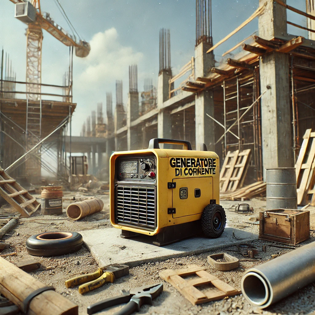 DALL·E 2025-03-25 14.33.07 – A realistic image of a small ‚generatore di corrente‘ (portable power generator) at a construction site. The generator is compact, painted yellow, and stromgenerator