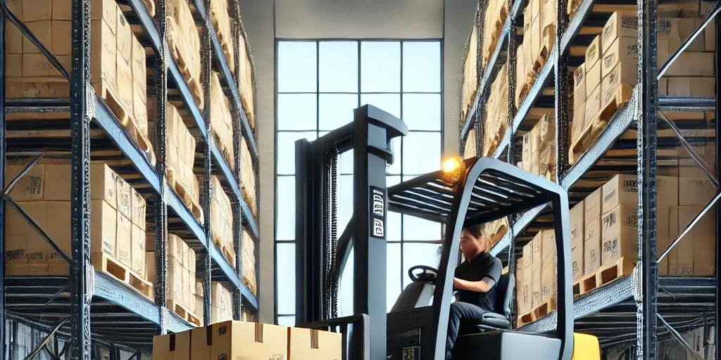 DALL·E 2025-03-25 15.36.21 – A realistic image of a ‘carrello elevatore’ (forklift) operating in a large warehouse. The forklift is lifting a wooden pallet with cardboard boxes. T carrello elevatore