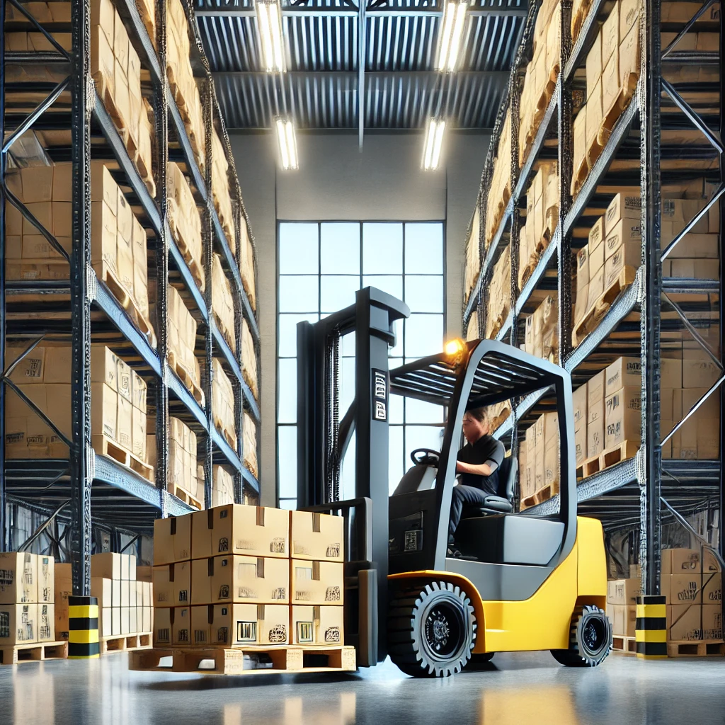 DALL·E 2025-03-25 15.36.21 – A realistic image of a ‚carrello elevatore‘ (forklift) operating in a large warehouse. The forklift is lifting a wooden pallet with cardboard boxes. T gabelstapler