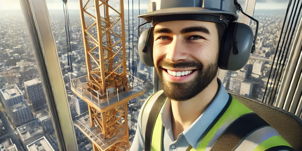 DALL·E 2025-03-25 16.10.11 – A realistic image of a happy crane operator sitting inside the cabin of a tower crane high above a construction site. The operator is smiling and wear gruista
