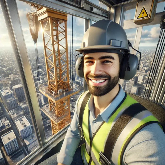 DALL·E 2025-03-25 16.10.11 – A realistic image of a happy crane operator sitting inside the cabin of a tower crane high above a construction site. The operator is smiling and wear gruista