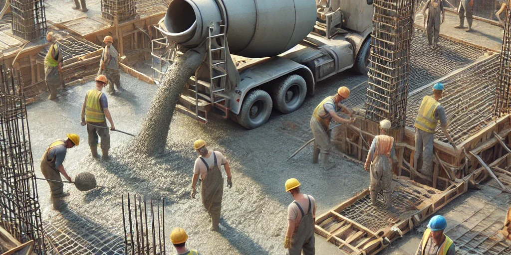 DALL·E 2025-03-25 16.54.38 – A realistic image showing ‚lavorazioni di calcestruzzo‘ (concrete work) at a construction site. Workers wearing hard hats and safety vests are pouring betonverarbeitung