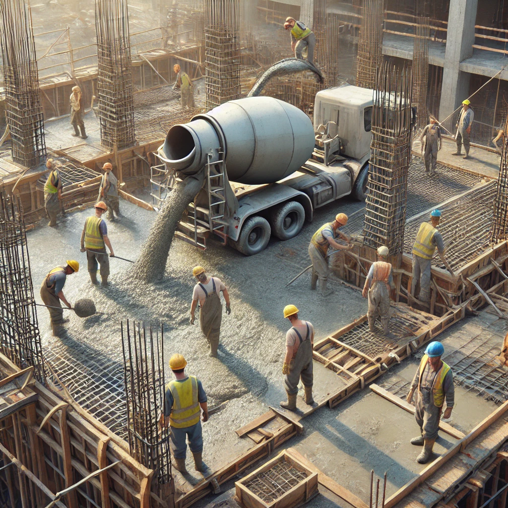 DALL·E 2025-03-25 16.54.38 – A realistic image showing ‚lavorazioni di calcestruzzo‘ (concrete work) at a construction site. Workers wearing hard hats and safety vests are pouring betonverarbeitung