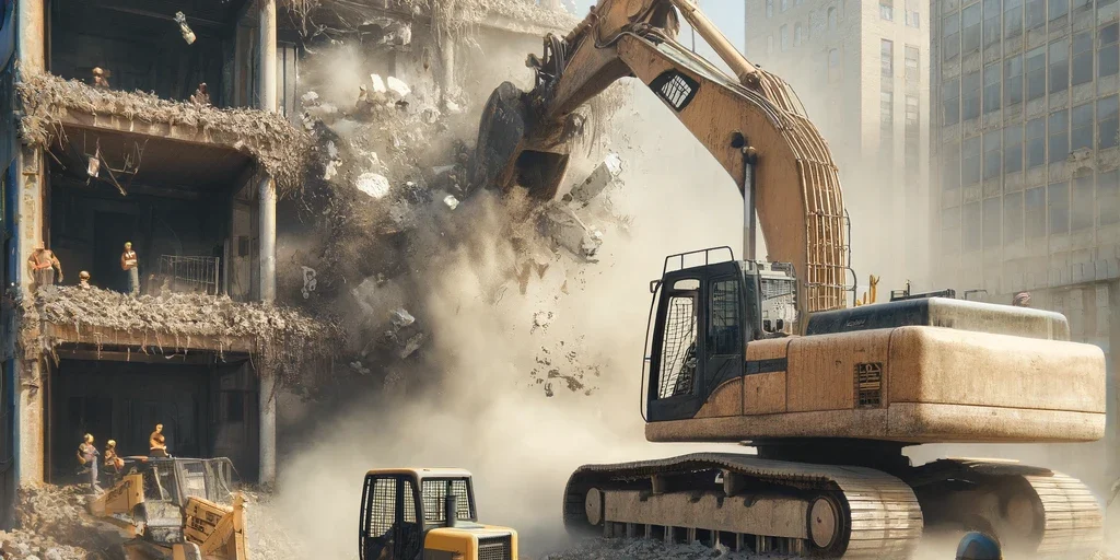DALL·E 2025-04-07 08.52.27 – A realistic construction site during a building demolition. In the foreground, a large tracked demolition excavator is breaking down a concrete wall u abbruchmaschinen