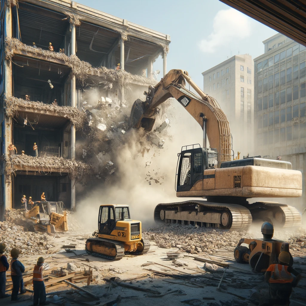 DALL·E 2025-04-07 08.52.27 – A realistic construction site during a building demolition. In the foreground, a large tracked demolition excavator is breaking down a concrete wall u abbruchmaschinen