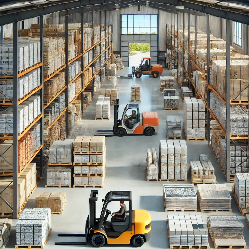DALL·E 2025-04-07 09.46.53 – A modern construction supply warehouse featuring organized stacks of building materials such as bricks, gravel, cement bags, and steel bars. A forklif baustofflager