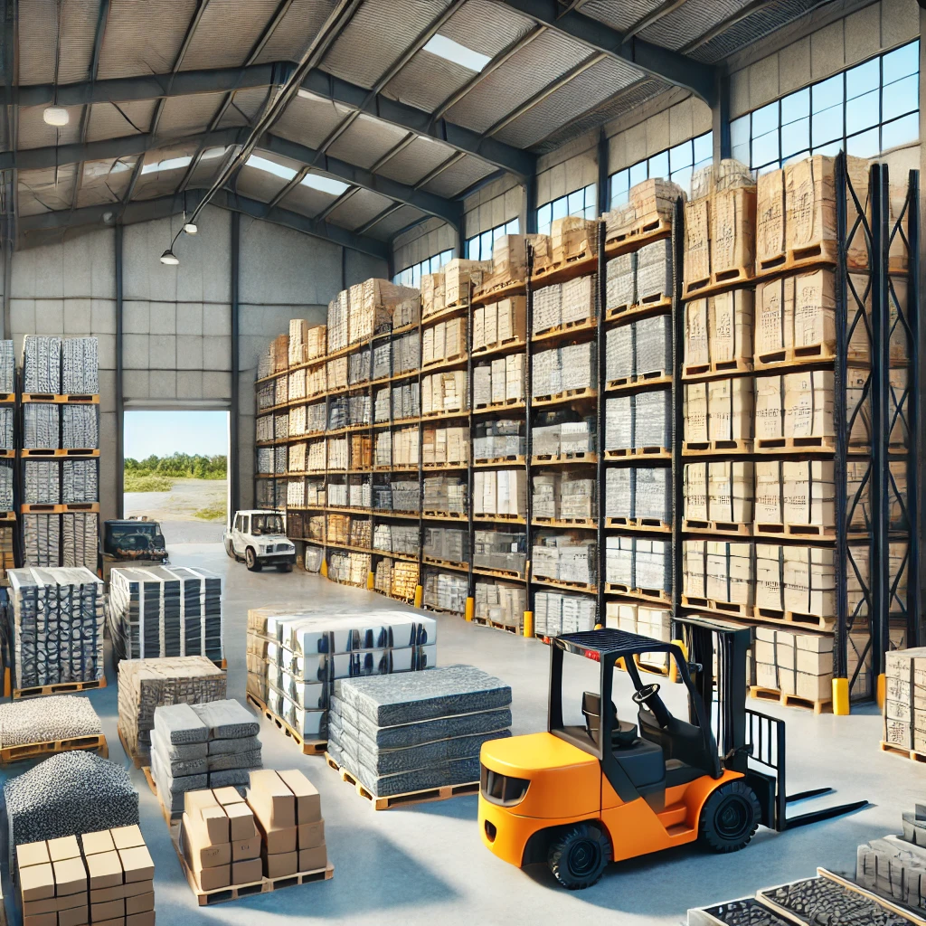DALL·E 2025-04-07 09.47.37 - A modern construction supply warehouse featuring organized stacks of building materials such as bricks, gravel, cement bags, and steel bars. A forklif baustofflager