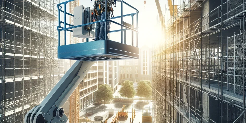 DALL·E 2025-04-08 08.35.19 – A modern construction site with an operator working on an aerial work platform (cherry picker) at height, surrounded by scaffolding and buildings. The aerial work platform
