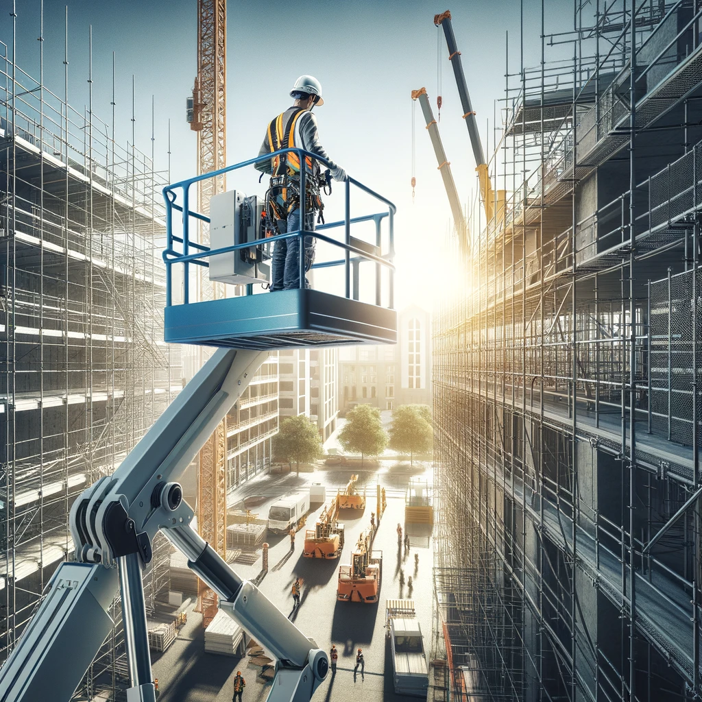 DALL·E 2025-04-08 08.35.19 – A modern construction site with an operator working on an aerial work platform (cherry picker) at height, surrounded by scaffolding and buildings. The aerial work platform