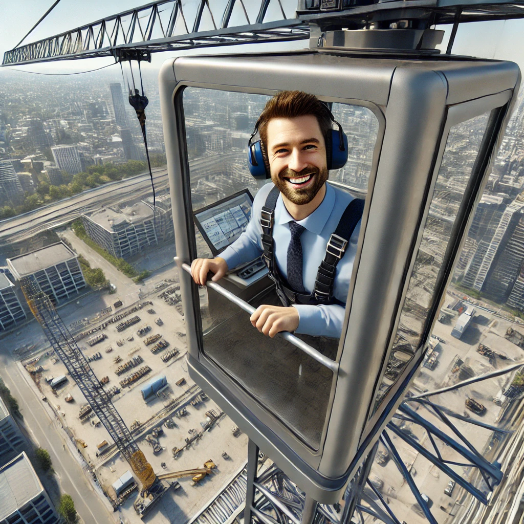 DALL·E 2025-03-25 16.13.32 - A highly realistic photo of a happy crane operator seen from outside the tower crane cabin, high above a city construction site. The camera angle is f crane operator